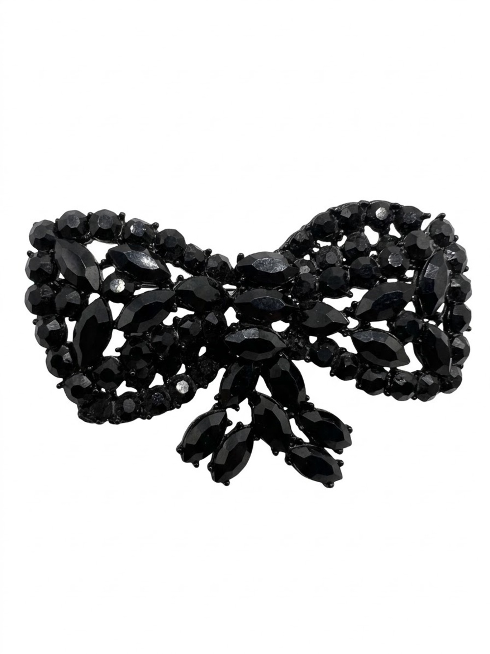 Weiss • Vintage Black Rhinestone Bow Brooch Japanned Setting 1950s Signed
